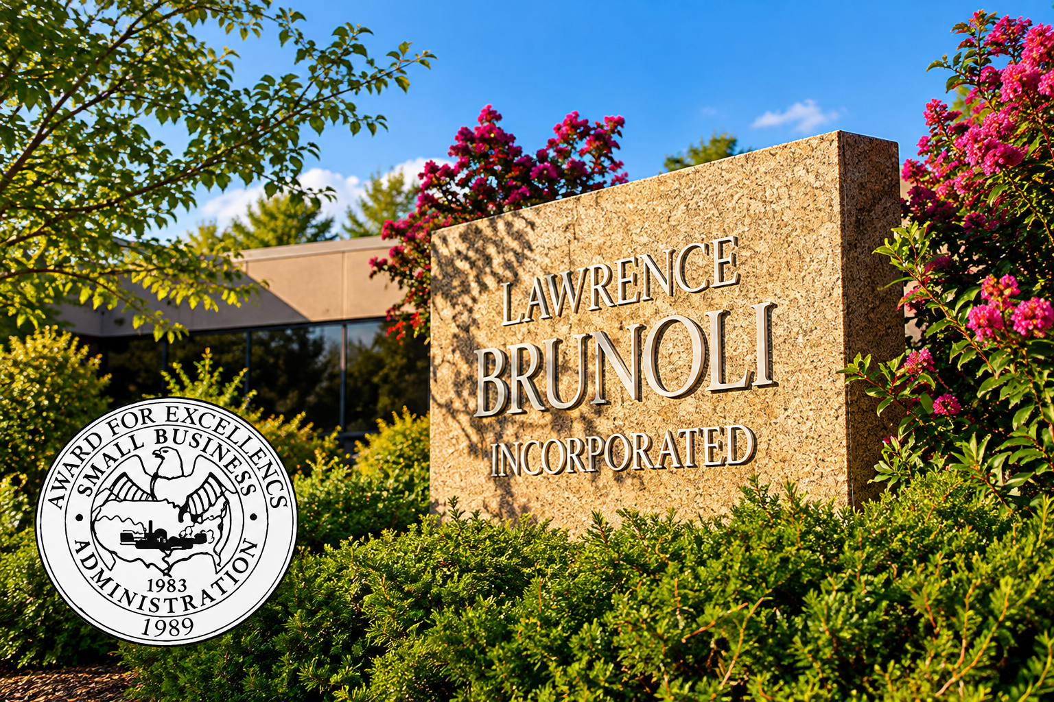 Lawrence Brunoli, Inc. stone sign and landscaping, with the Small Business Administration award seal at lower left