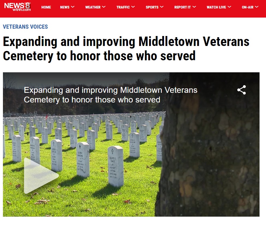 News 8 story preview showing headstones at Middletown Veterans Cemetery